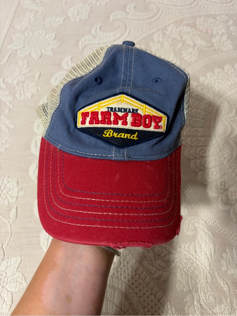 Farm Boy distressed trucker hat baseball cap EUC unisex denim embroidered